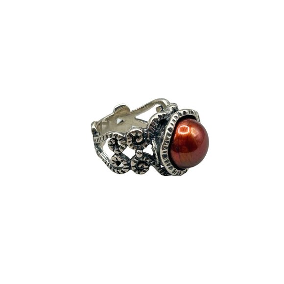 Rust Color Pearl Ring Size 4.5 Israel Didae 925 Ornate Filigree Pearl Cabochon - Picture 1 of 7
